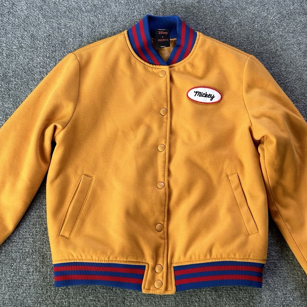 Forever 21 X Disney Jacket Women's Small Mickey Mouse Varsity Bomber Mustard